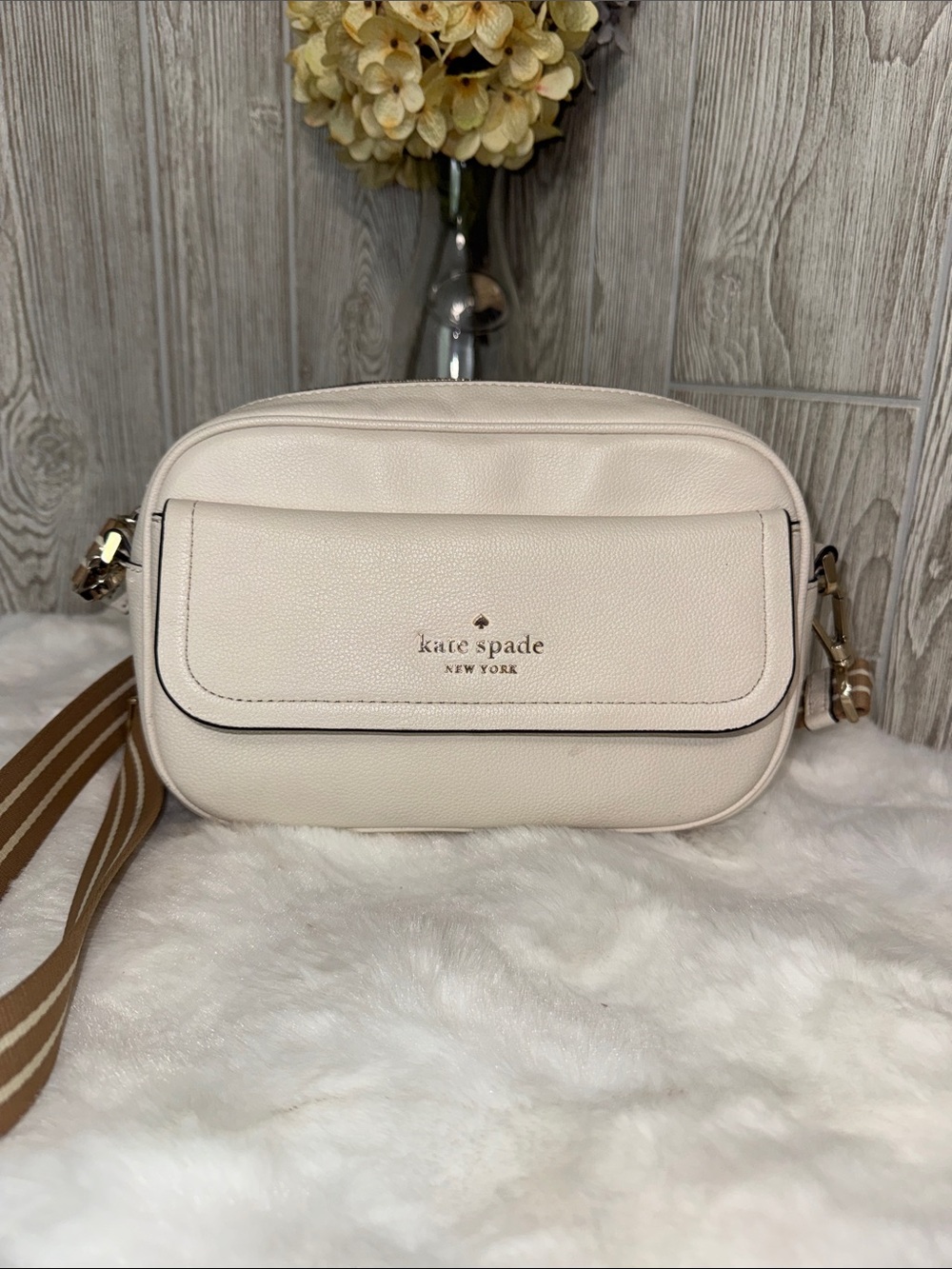 kate spade Cream Leather Crossbody with Striped Strap